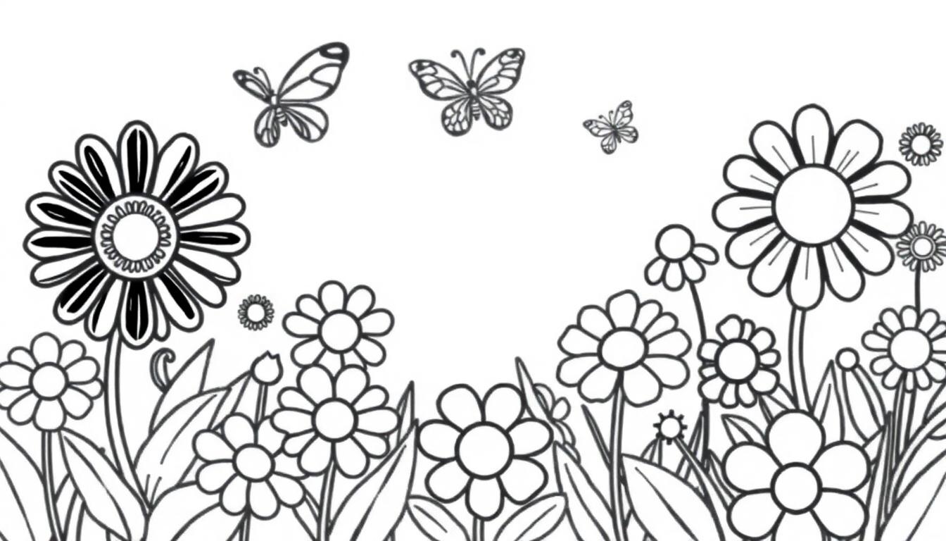 Eine Schwarzweiß-Farbtafel einer Blumenwiese mit drei Schmetterlingen.