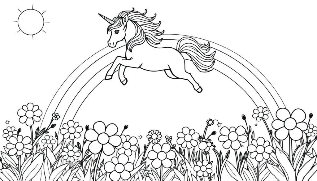 Ausmalbild: Ein Einhorn springt über einen Regenbogen auf einer Blumenwiese unter der Sonne.