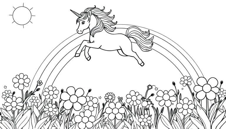 Ausmalbild: Ein Einhorn springt über einen Regenbogen auf einer Blumenwiese unter der Sonne.