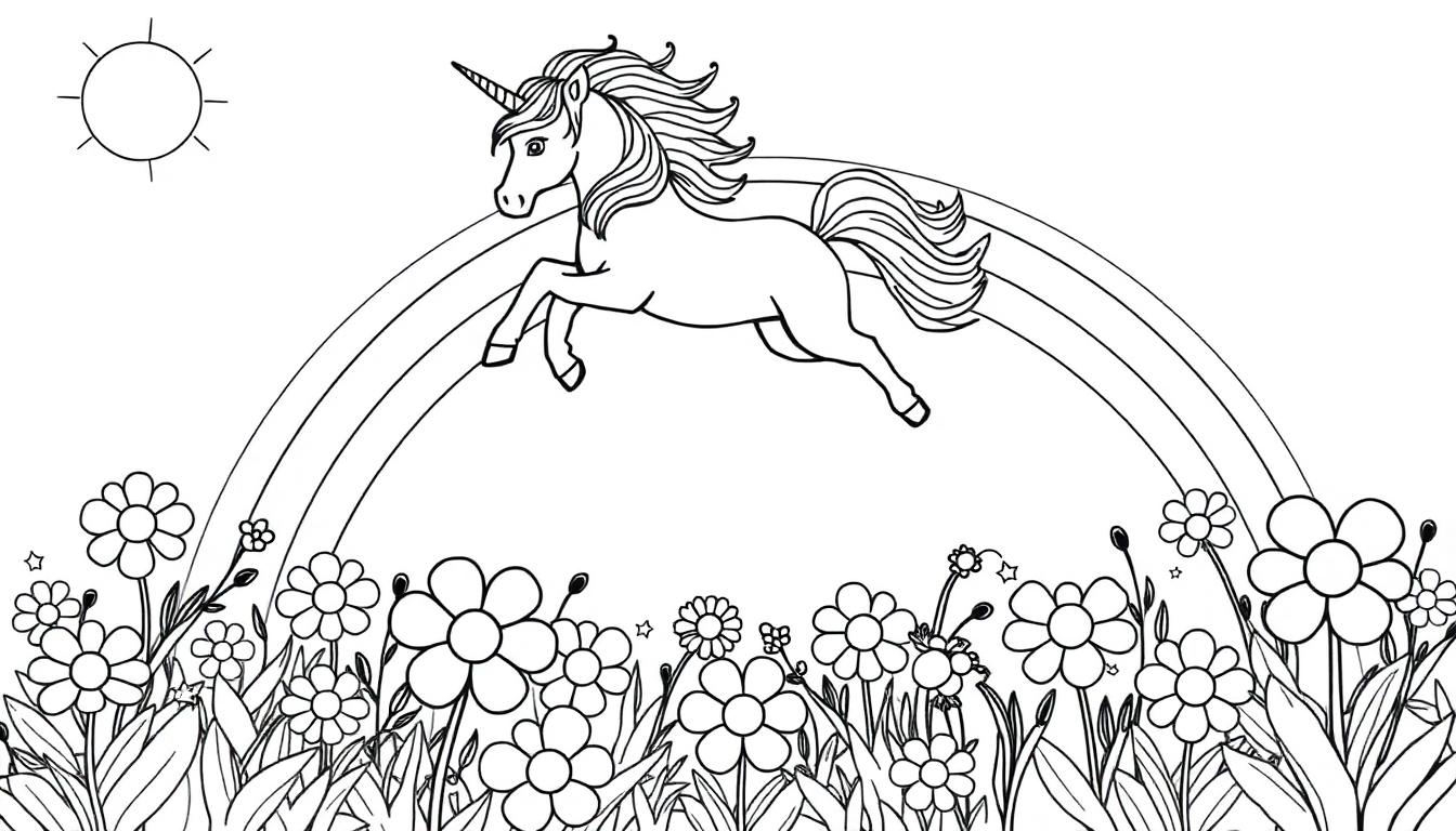 Ausmalbild: Ein Einhorn springt über einen Regenbogen auf einer Blumenwiese unter der Sonne.