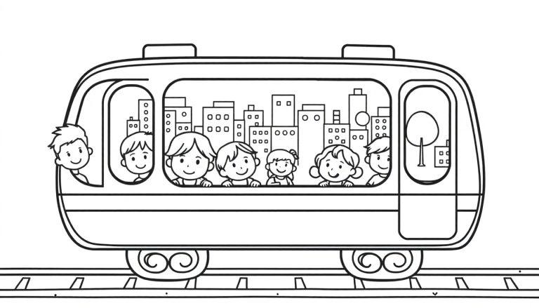 Cartoonhafter Zug mit lächelnden Kindern als Farbtafel.