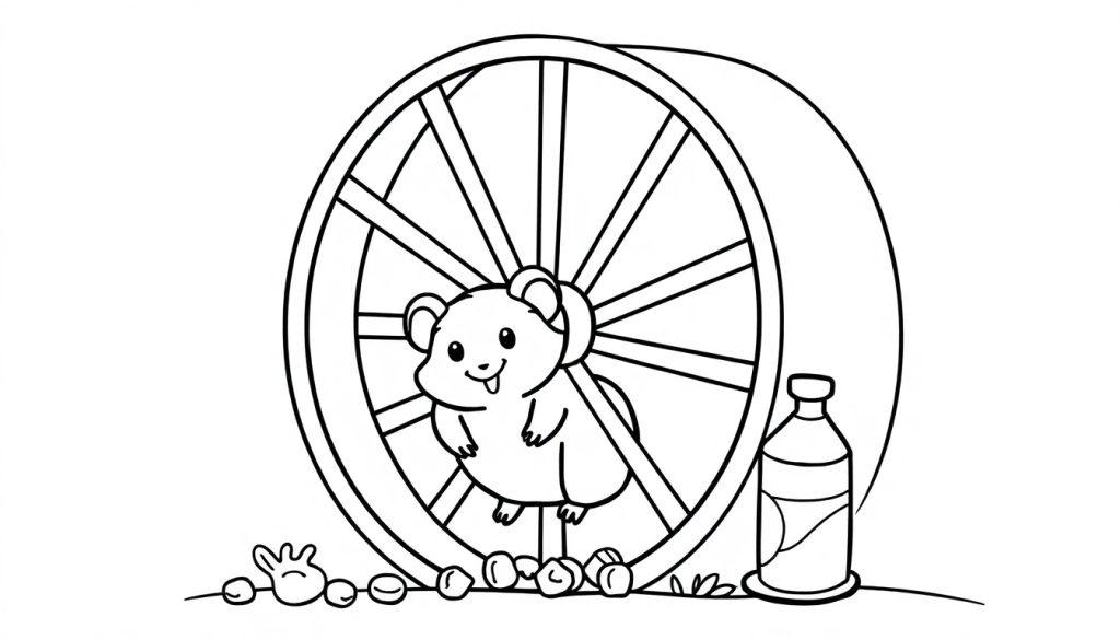 Ein niedlicher Cartoon-Hamster in einem Speichen-Hamsterrad, bereit zum Ausmalen als Farbtafel.