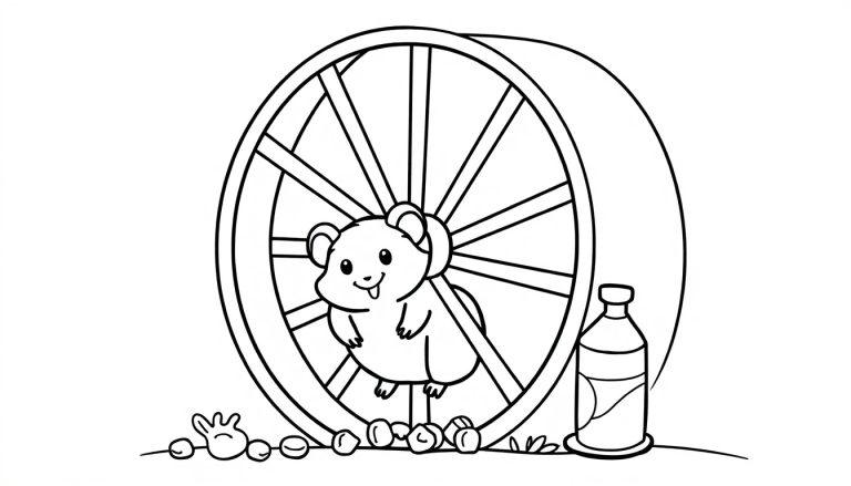 Ein niedlicher Cartoon-Hamster in einem Speichen-Hamsterrad, bereit zum Ausmalen als Farbtafel.