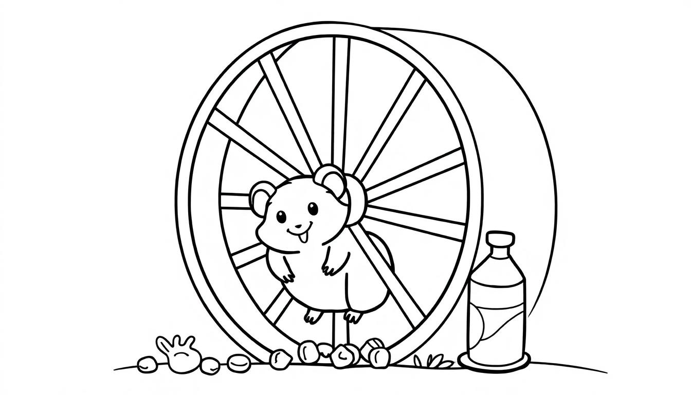 Ein niedlicher Cartoon-Hamster in einem Speichen-Hamsterrad, bereit zum Ausmalen als Farbtafel.