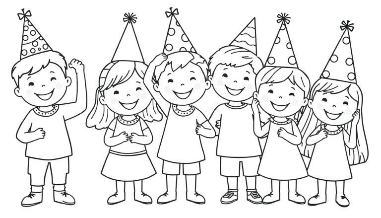 Sechs lächelnde Kinder in einer Reihe, alle tragen bunte Partyhüte zum Ausmalen – eine Farbtafel.