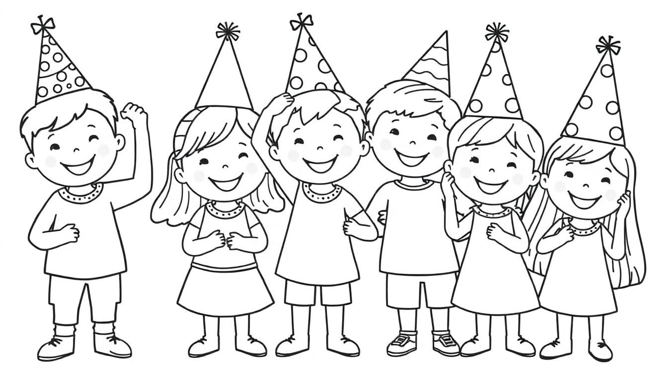 Sechs lächelnde Kinder in einer Reihe, alle tragen bunte Partyhüte zum Ausmalen – eine Farbtafel.