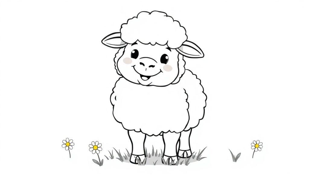 Cartoon-Schaf auf einer Wiese mit Gänseblümchen, eine Farbtafel zum Ausmalen.