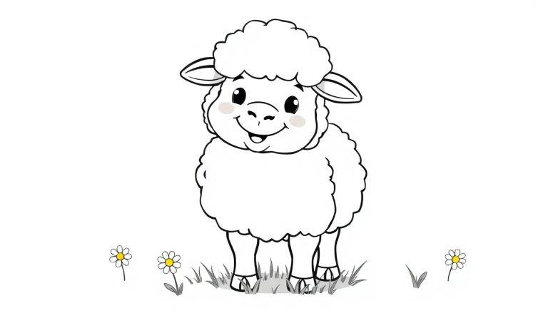 Cartoon-Schaf auf einer Wiese mit Gänseblümchen, eine Farbtafel zum Ausmalen.