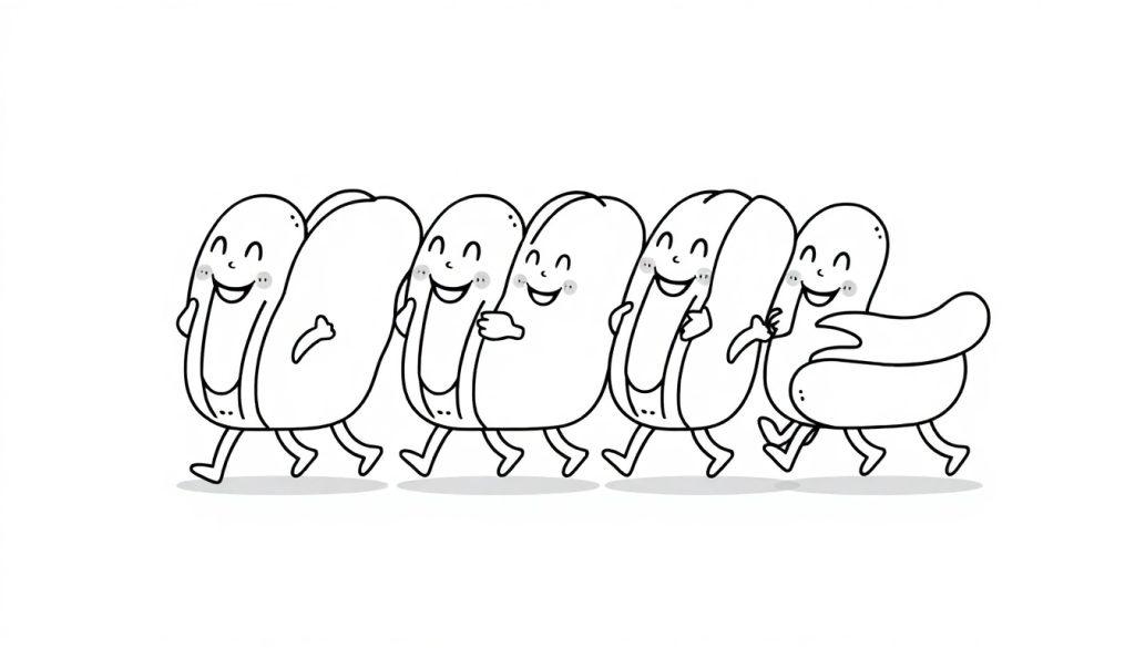 Schwarz-weiße Farbtafel mit fünf anthropomorphen Hotdogs, die in einer Reihe gehen, mit lächelnden Gesichtern und verschlungenen Armen, die Kameradschaft zeigen.