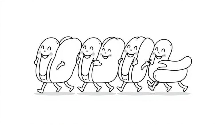 Schwarz-weiße Farbtafel mit fünf anthropomorphen Hotdogs, die in einer Reihe gehen, mit lächelnden Gesichtern und verschlungenen Armen, die Kameradschaft zeigen.