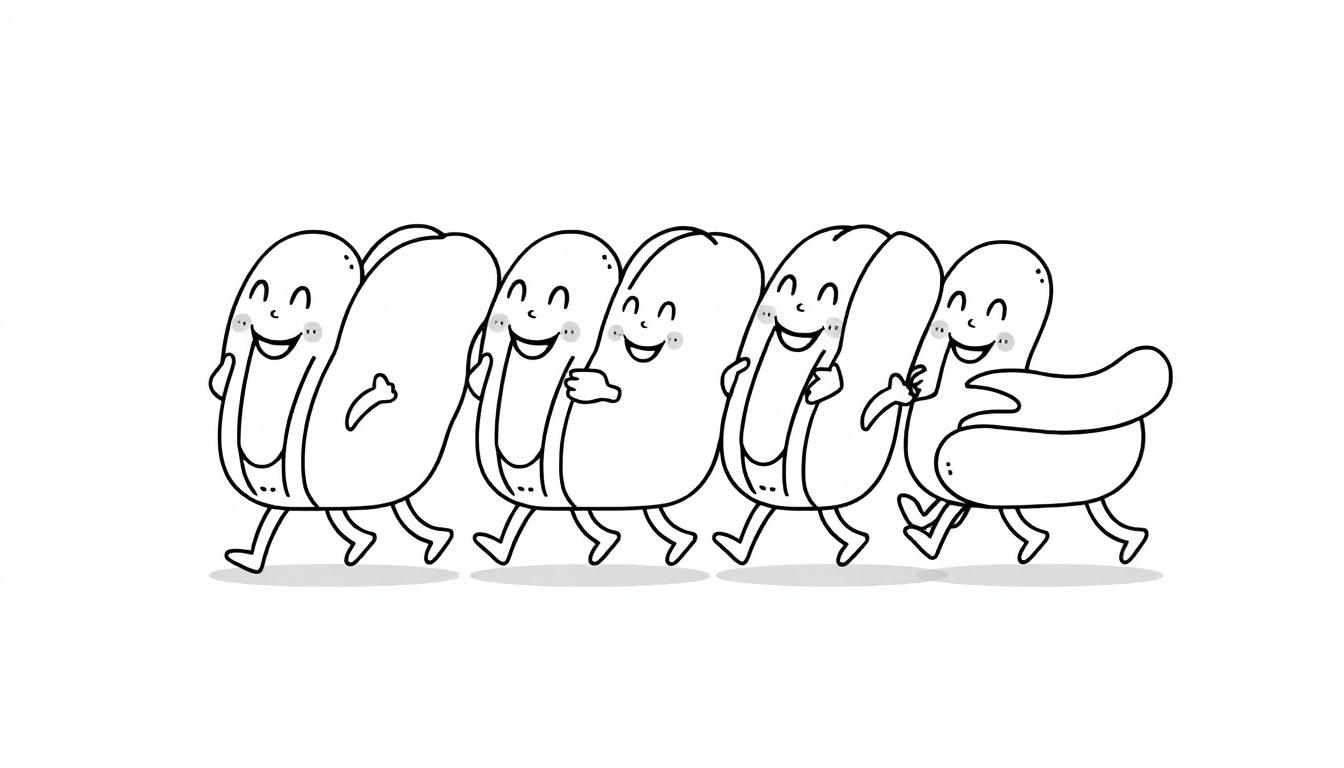 Schwarz-weiße Farbtafel mit fünf anthropomorphen Hotdogs, die in einer Reihe gehen, mit lächelnden Gesichtern und verschlungenen Armen, die Kameradschaft zeigen.