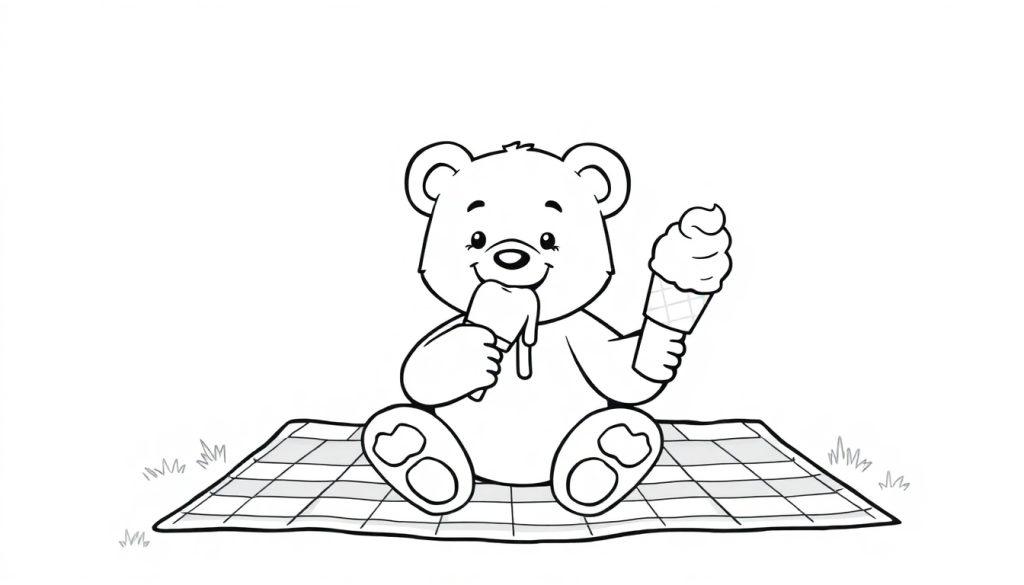 Schwarz-weiße Farbtafel: Ein Cartoon-Bär sitzt auf einer karierten Decke und isst Eis.