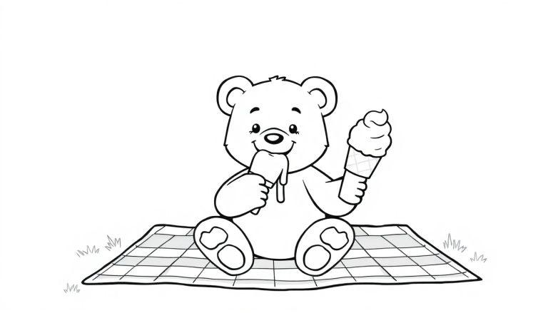 Schwarz-weiße Farbtafel: Ein Cartoon-Bär sitzt auf einer karierten Decke und isst Eis.