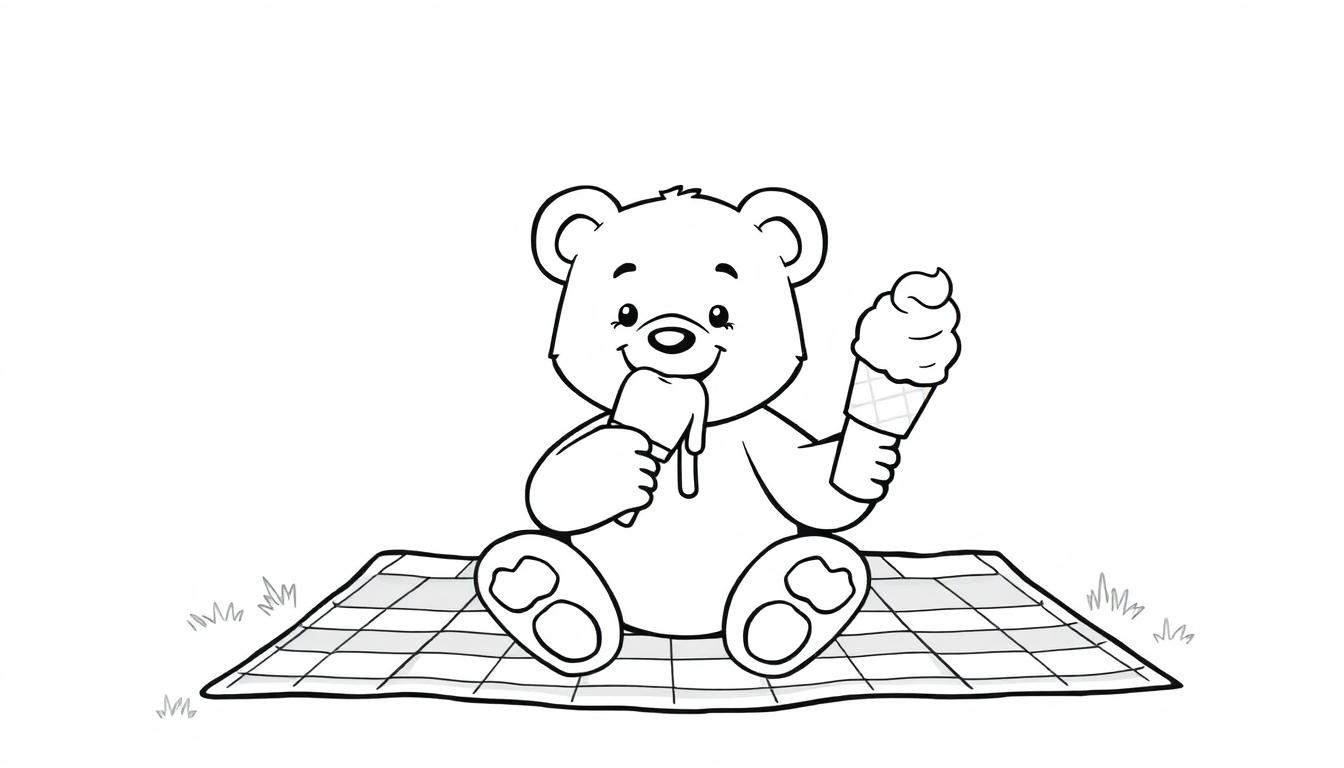 Schwarz-weiße Farbtafel: Ein Cartoon-Bär sitzt auf einer karierten Decke und isst Eis.