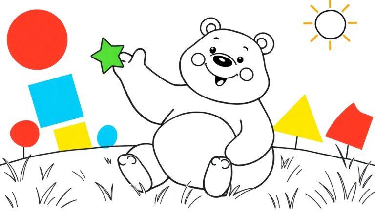 Eine Schwarz-Weiß-Zeichnung eines freundlichen Bären, der auf einer Wiese mit bunten Formen sitzt, eine Farbtafel für Kinder.