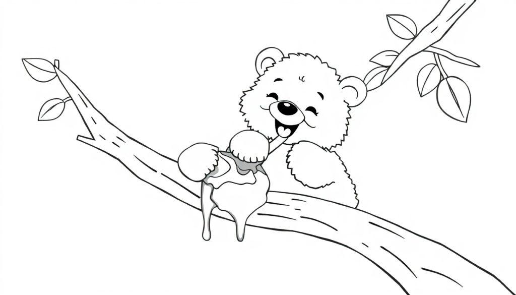 Eine Schwarz-Weiß-Farbtafelzeichnung eines glücklichen Cartoon-Bären, der auf einem Ast sitzt und einen Honigtopf hält, mit Honig, der heruntertropft.