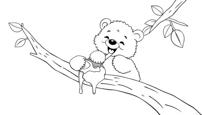 Eine Schwarz-Weiß-Farbtafelzeichnung eines glücklichen Cartoon-Bären, der auf einem Ast sitzt und einen Honigtopf hält, mit Honig, der heruntertropft.