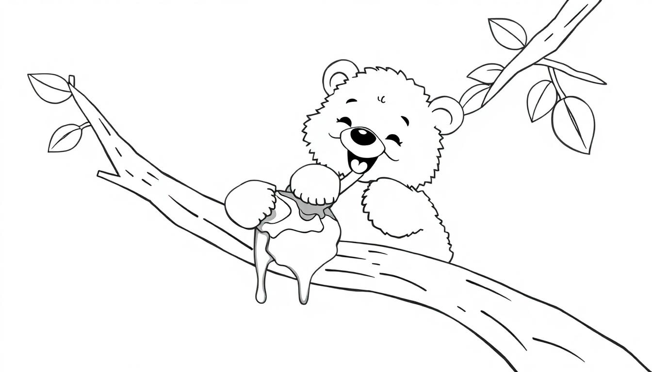 Eine Schwarz-Weiß-Farbtafelzeichnung eines glücklichen Cartoon-Bären, der auf einem Ast sitzt und einen Honigtopf hält, mit Honig, der heruntertropft.