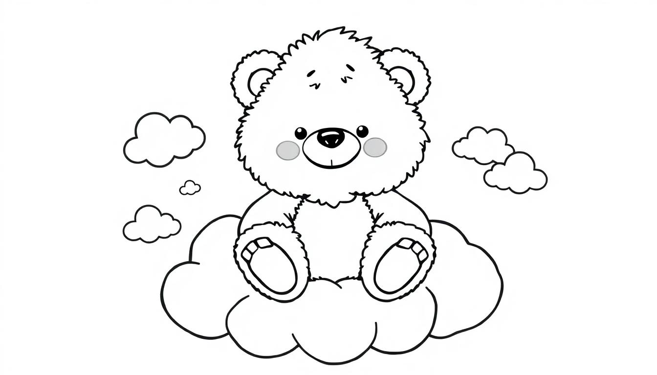 Schwarz-weiße Farbtafel eines Cartoon-Bären, der auf einer Wolke sitzt und lächelt.