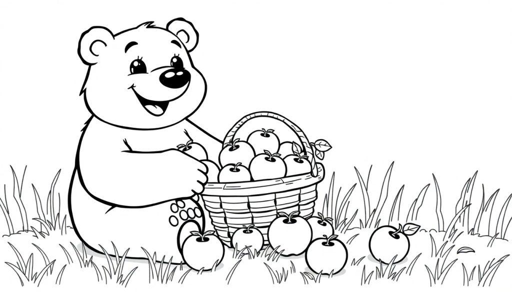 Ein süßer Cartoon-Bär sitzt im Gras neben einem Korb voller Äpfel und hält einen Apfel in der Hand, bereit für eine Farbtafel.