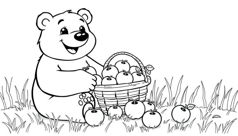Ein süßer Cartoon-Bär sitzt im Gras neben einem Korb voller Äpfel und hält einen Apfel in der Hand, bereit für eine Farbtafel.