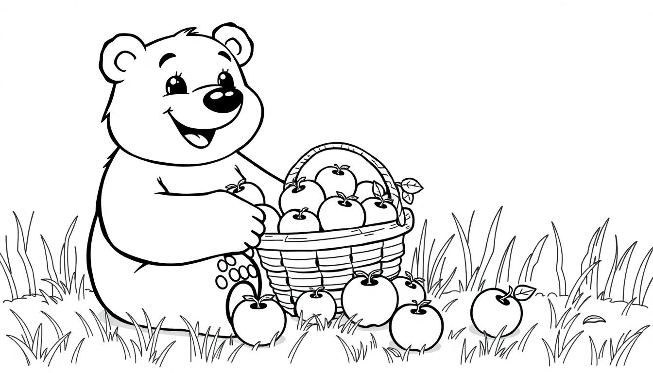 Ein süßer Cartoon-Bär sitzt im Gras neben einem Korb voller Äpfel und hält einen Apfel in der Hand, bereit für eine Farbtafel.