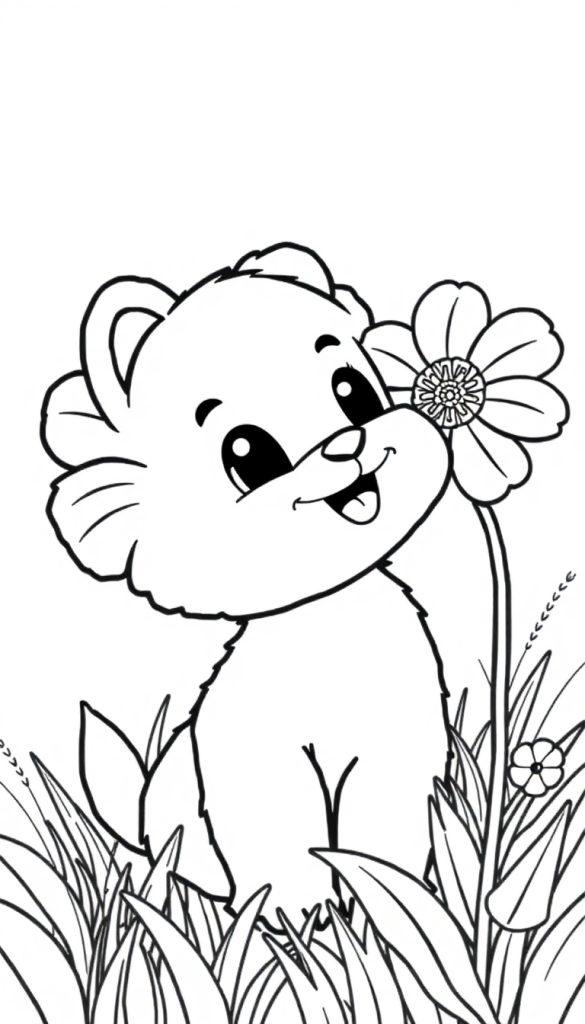 Ein Cartoon-Bärenjunges sitzt neben einer Blume in hohem Gras.
