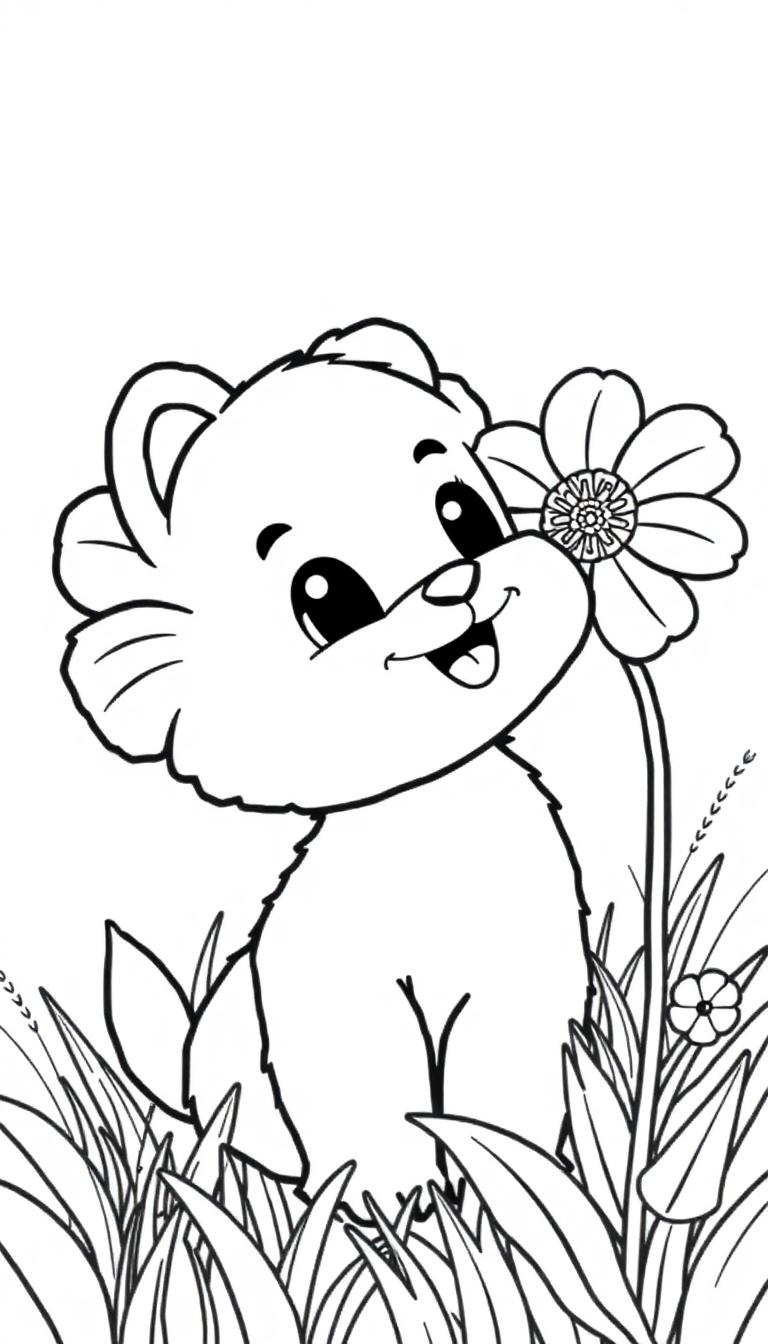 Ein Cartoon-Bärenjunges sitzt neben einer Blume in hohem Gras.