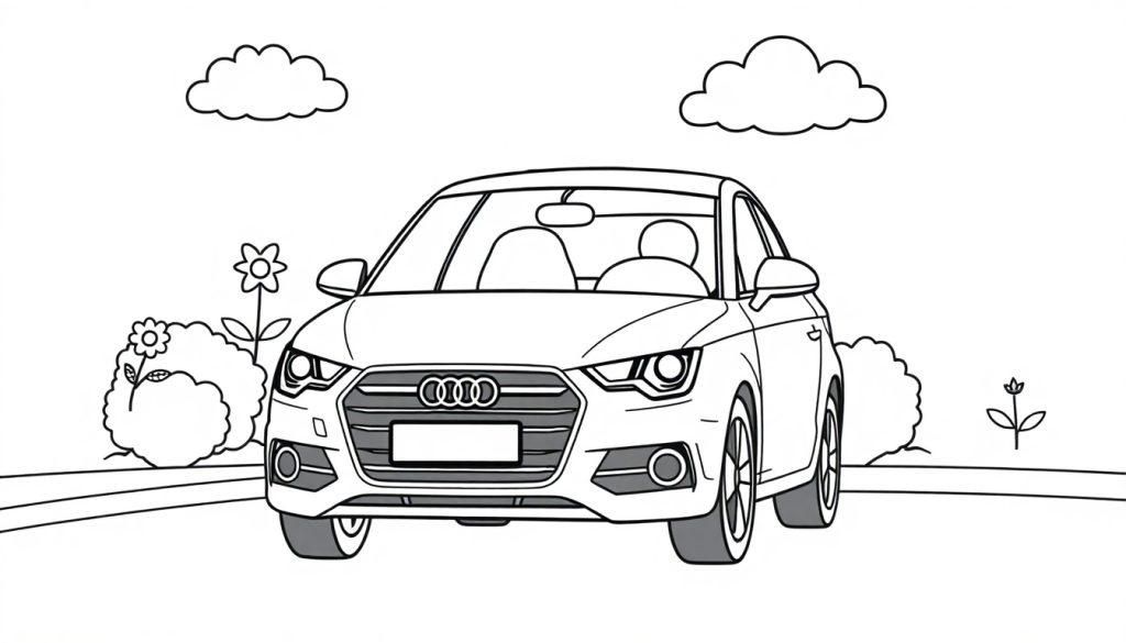 Eine Schwarz-Weiß-Farbtafel eines Cartoon-Autos, das auf einer Straße mit Blumen und Büschen fährt.