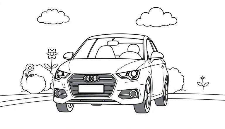 Eine Schwarz-Weiß-Farbtafel eines Cartoon-Autos, das auf einer Straße mit Blumen und Büschen fährt.