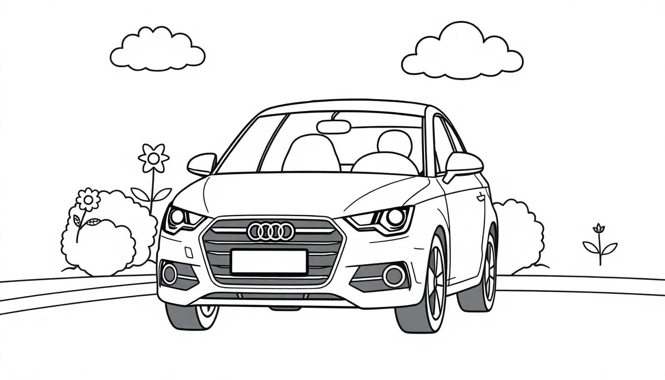 Eine Schwarz-Weiß-Farbtafel eines Cartoon-Autos, das auf einer Straße mit Blumen und Büschen fährt.