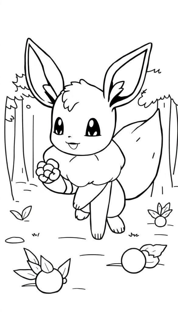 Schwarz-Weiß-Zeichnung eines niedlichen Cartoon-Eevee im Wald.