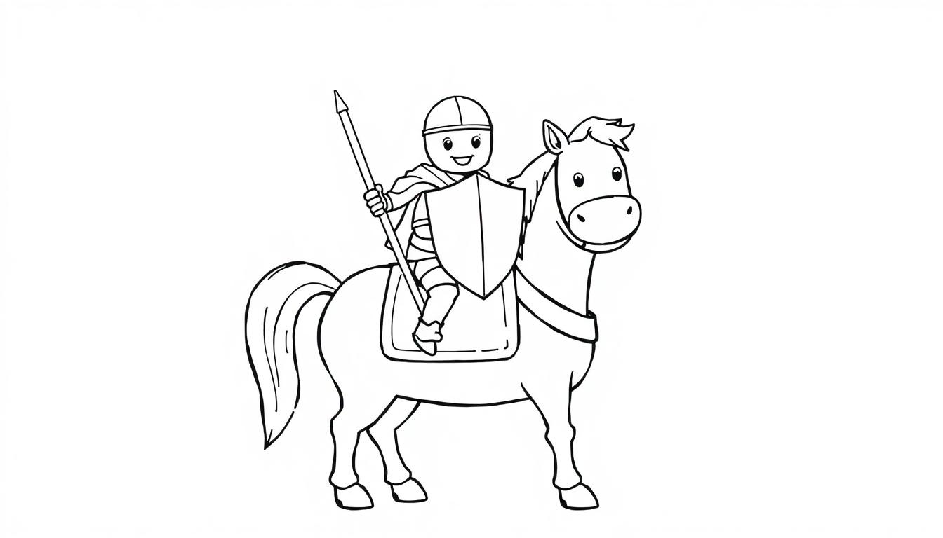 Ein cartoon-Ritter auf einem cartoon-Pferd mit einem Schild und Speer, eine Farbtafel.