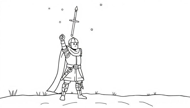 Cartoon-Ritter mit Schwert in der Luft, Farbtafel