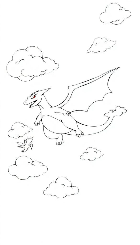 Schwarz-Weiß-Zeichnung eines fliegenden Charizards mit kleineren Vogel-Pokémon und Wolken.