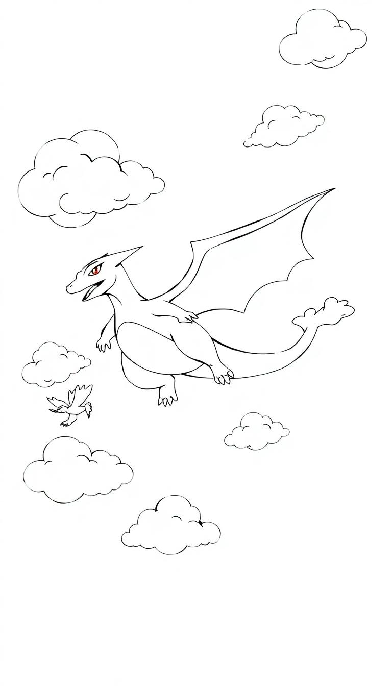 Schwarz-Weiß-Zeichnung eines fliegenden Charizards mit kleineren Vogel-Pokémon und Wolken.