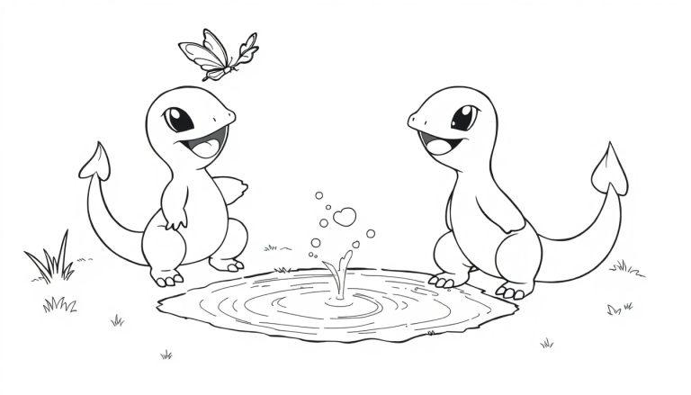 Zwei Charmander spielen am Teich