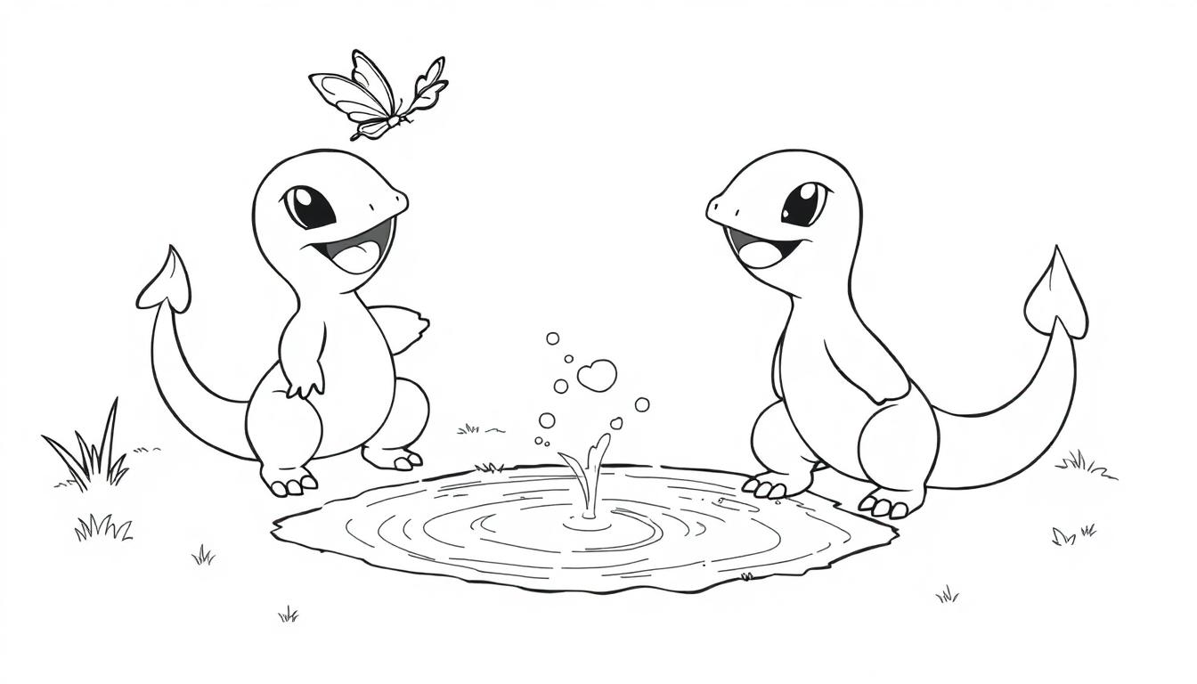 Zwei Charmander spielen am Teich