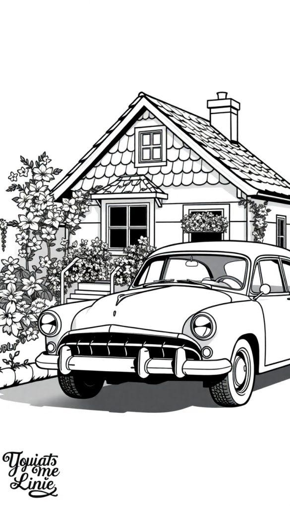 Schwarz-weißes Bild eines Hauses mit einem Oldtimer davor, mit Blumen und einer Treppe.