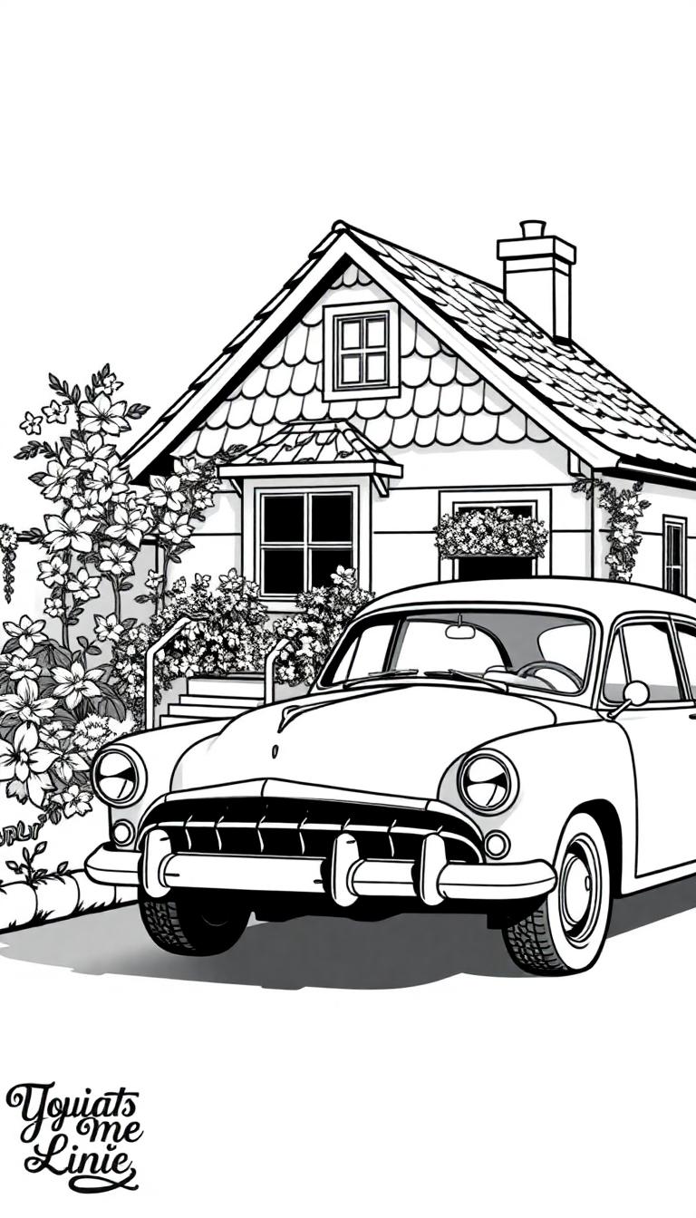 Schwarz-weißes Bild eines Hauses mit einem Oldtimer davor, mit Blumen und einer Treppe.