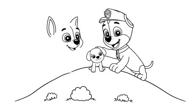 Eine Farbtafel-Zeichnung von Chase von Paw Patrol, der sanft einen kleinen Welpen auf einem Hügel streichelt, mit einem anderen Hund im Hintergrund.