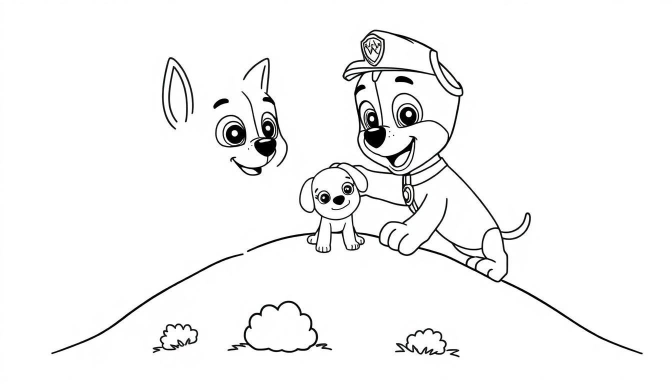 Eine Farbtafel-Zeichnung von Chase von Paw Patrol, der sanft einen kleinen Welpen auf einem Hügel streichelt, mit einem anderen Hund im Hintergrund.