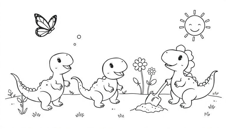 Schwarz-Weiß-Farbtafel von drei niedlichen Chibi-Dinosauriern, die im Garten spielen. Ein Dinosaurier gräbt mit einem Spaten, während die anderen zuschauen. Eine Sonne und eine Blume sind im Hintergrund zu sehen, und ein Schmetterling fliegt über ihnen.