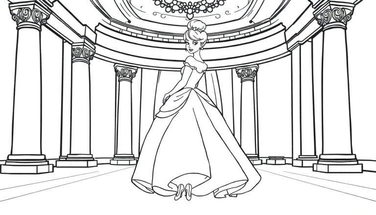 Cinderella im Ballkleid, bereit für den Tanz. Schwarz-Weiß, Ausmalbild für Kinder, eine Farbtafel.