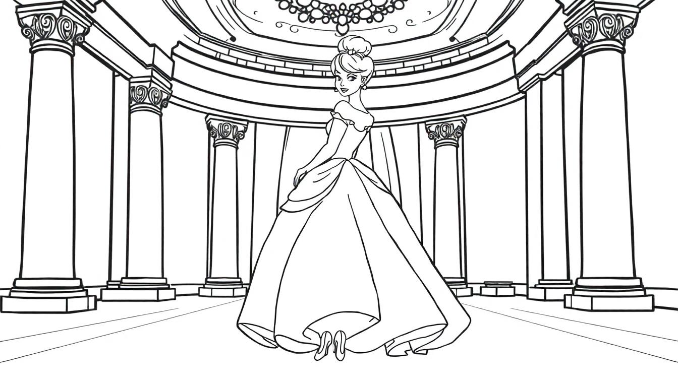 Cinderella im Ballkleid, bereit für den Tanz. Schwarz-Weiß, Ausmalbild für Kinder, eine Farbtafel.