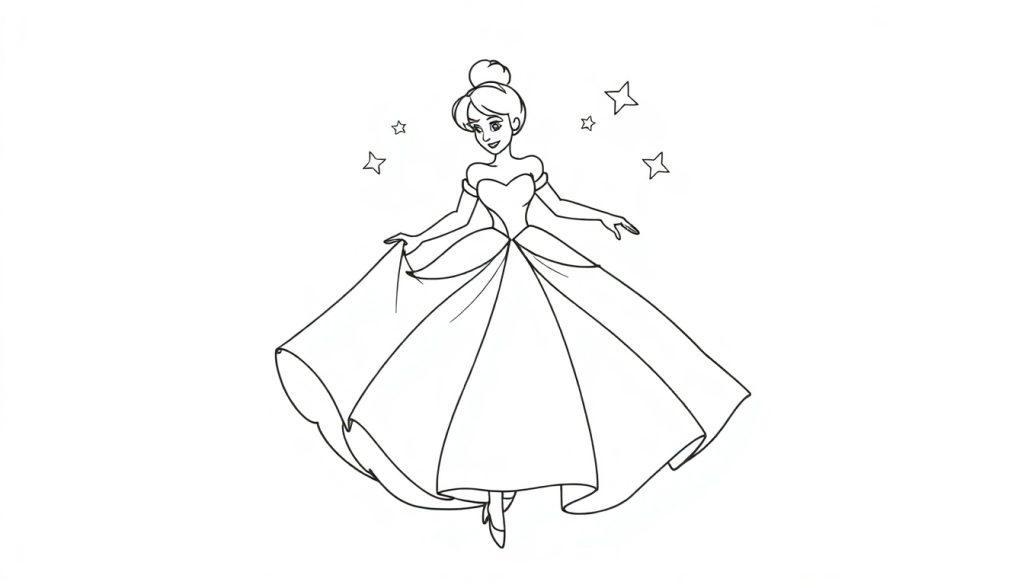 Schwarz-weiß Farbtafel einer Prinzessin, die in einem Ballkleid wirbelt.