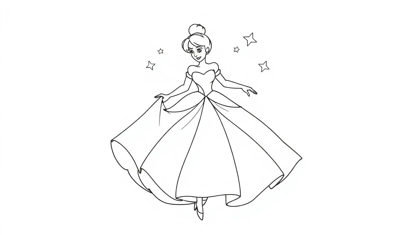 Schwarz-weiß Farbtafel einer Prinzessin, die in einem Ballkleid wirbelt.