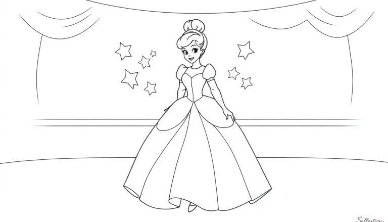 Märchenhafte Farbtafel: Cinderella im Ballkleid mit Hochsteckfrisur und sternenbesetztem Hintergrund.