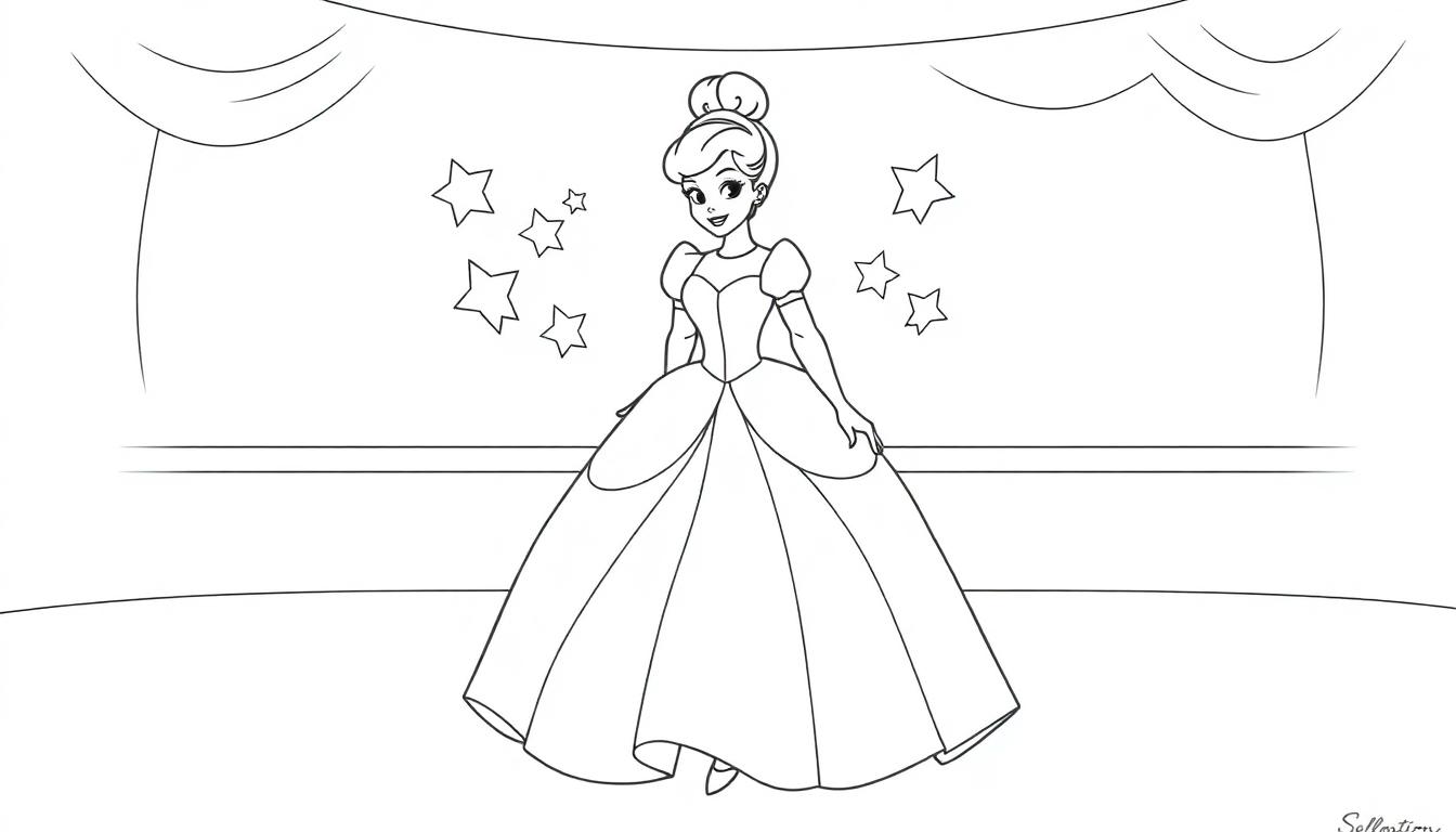 Märchenhafte Farbtafel: Cinderella im Ballkleid mit Hochsteckfrisur und sternenbesetztem Hintergrund.