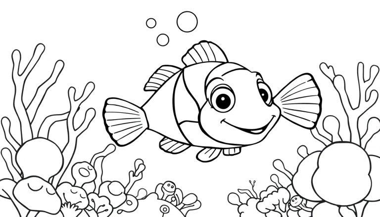 Eine Schwarz-Weiß-Farbtafel eines lächelnden Clownfisches, der im Meer zwischen Korallen schwimmt.